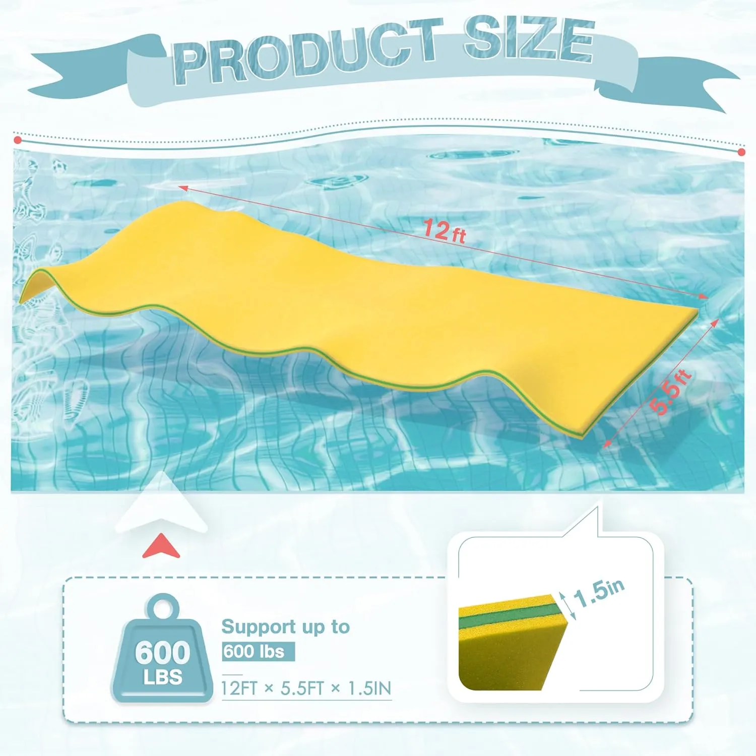 Outroad Floating Water Pad Mat, 3 Layers XPE Foam 9/12/18 Ft Lily Pad for Beach, Ocean, Lake, Roll-Up Floating Island for Water Recreation and Relaxing, Yellow and Blue