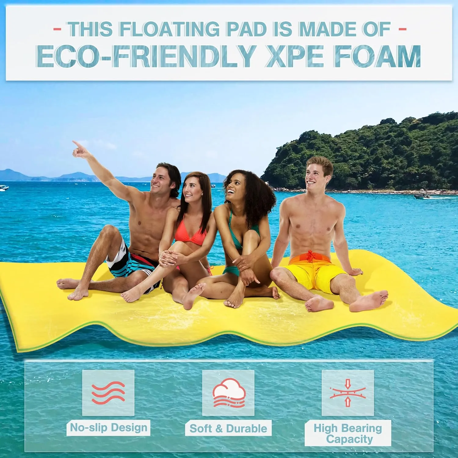 Outroad Floating Water Pad Mat, 3 Layers XPE Foam 9/12/18 Ft Lily Pad for Beach, Ocean, Lake, Roll-Up Floating Island for Water Recreation and Relaxing, Yellow and Blue