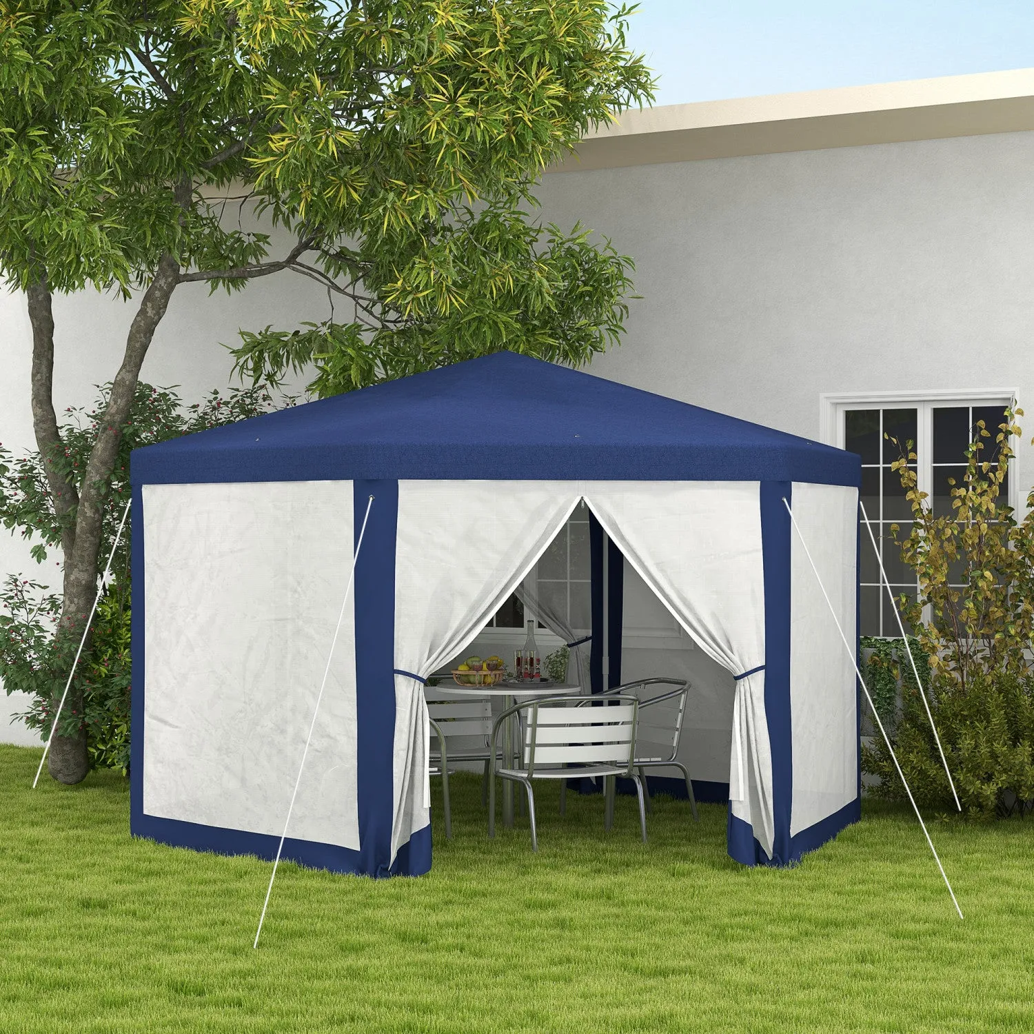 Outsunny Hexagon Party Tent, Patio Gazebo With Netting Mesh, Blue