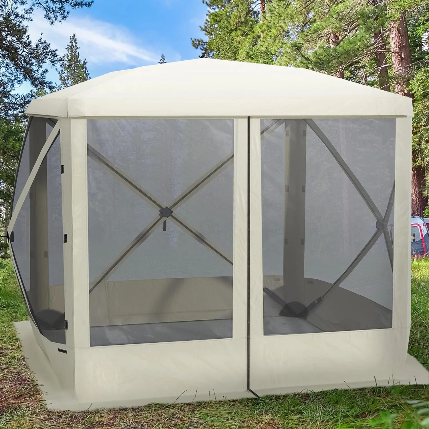 Outsunny Pop Up Camping Canopy Gazebo Screen Shelter Tent with Single Person Easy Set-Up, Ventilating Mesh, Portable Carry Bag for Outdoor Camping Party Event, 7x7FT, Beige