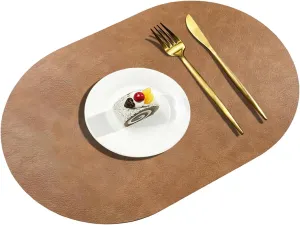 Oval Leather Placemats Set of 6 Washable,Heat Resistant Table Mats for Dining Table, Durable and Easy to Clean for Daily Use (Walnut)