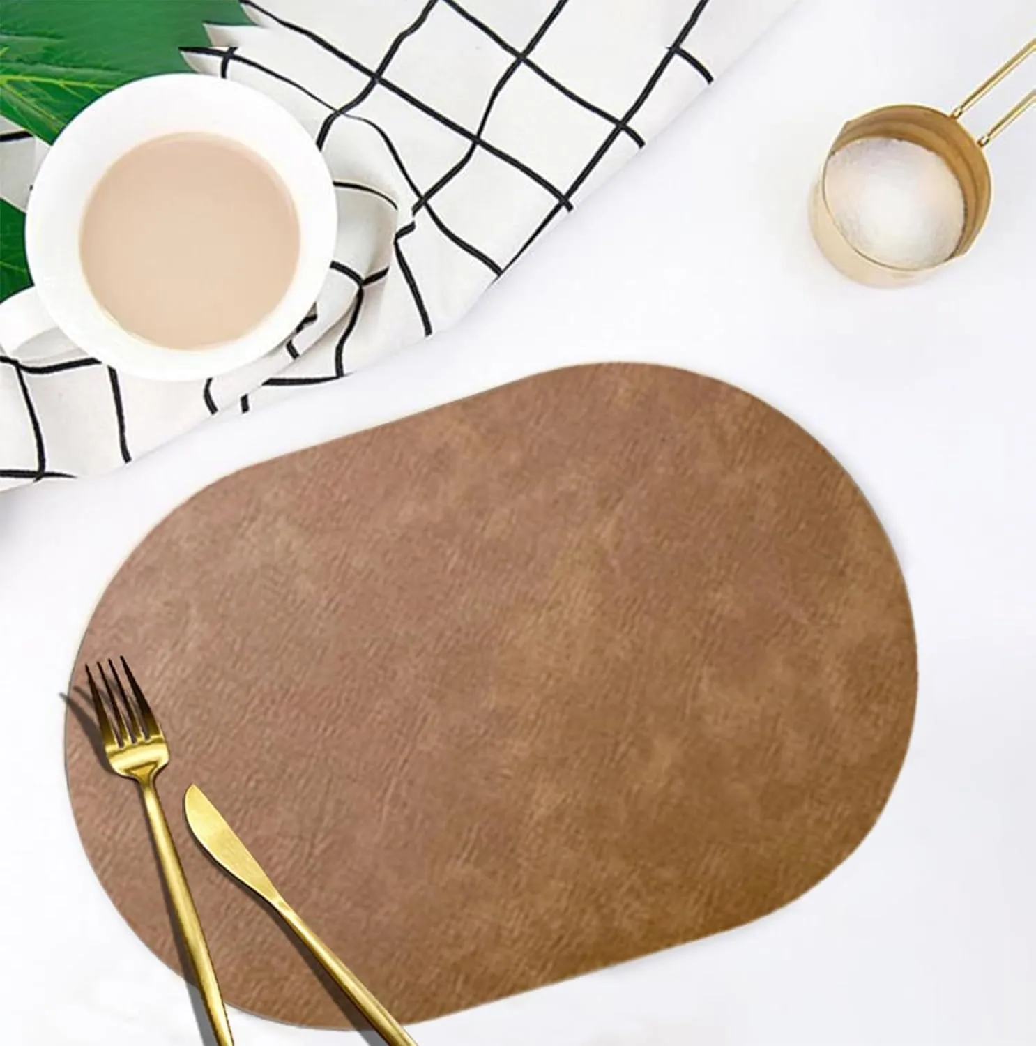 Oval Leather Placemats Set of 6 Washable,Heat Resistant Table Mats for Dining Table, Durable and Easy to Clean for Daily Use (Walnut)