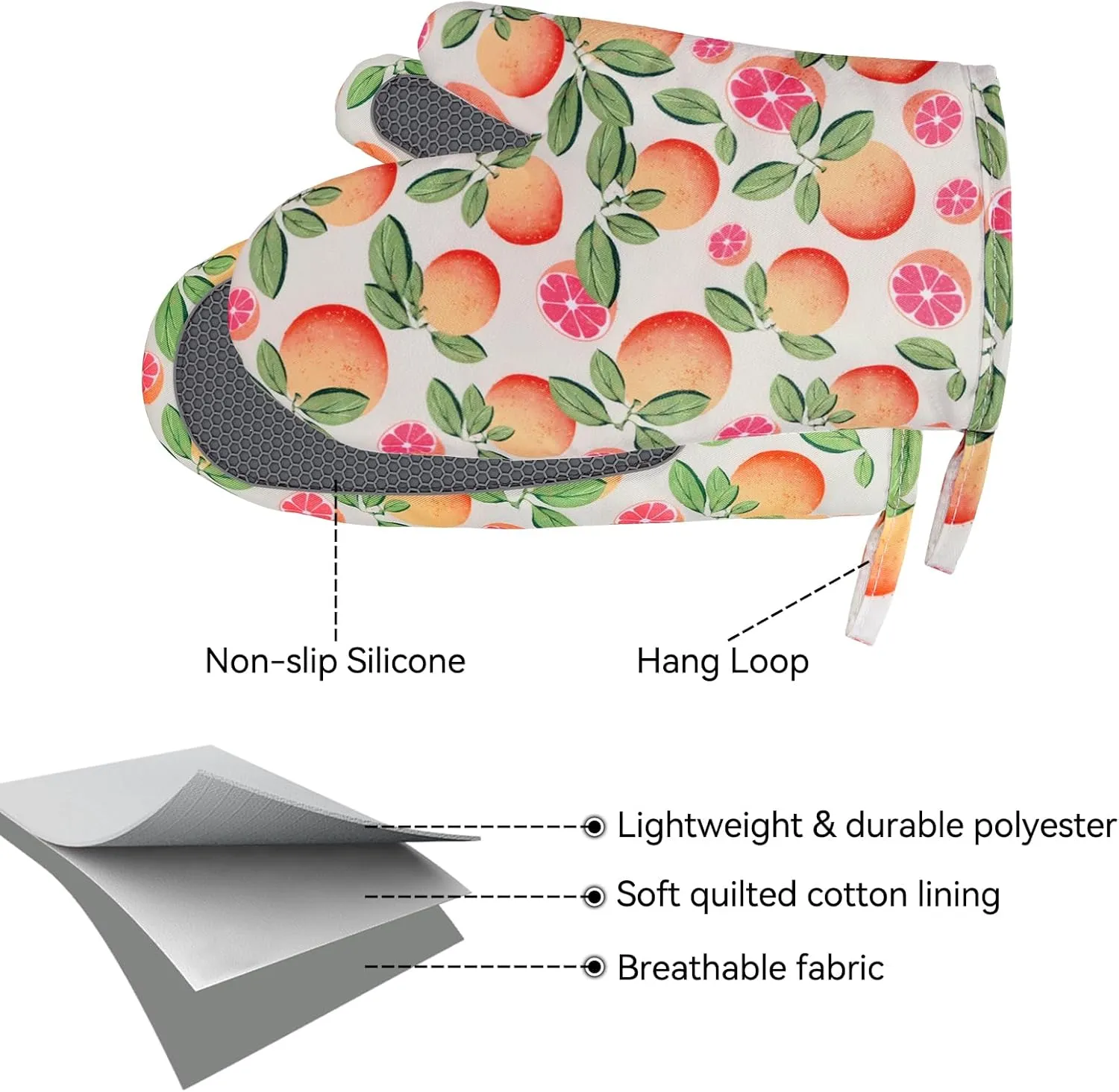Oven Mitts Non-Slip Silicone Oven Mitts with Hanging Loop, Grapefruit Cute Heat Resistant Kitchen Mitts for Oven with Soft Quilted Liner for Cooking, 7 X11 in, 2 Piece