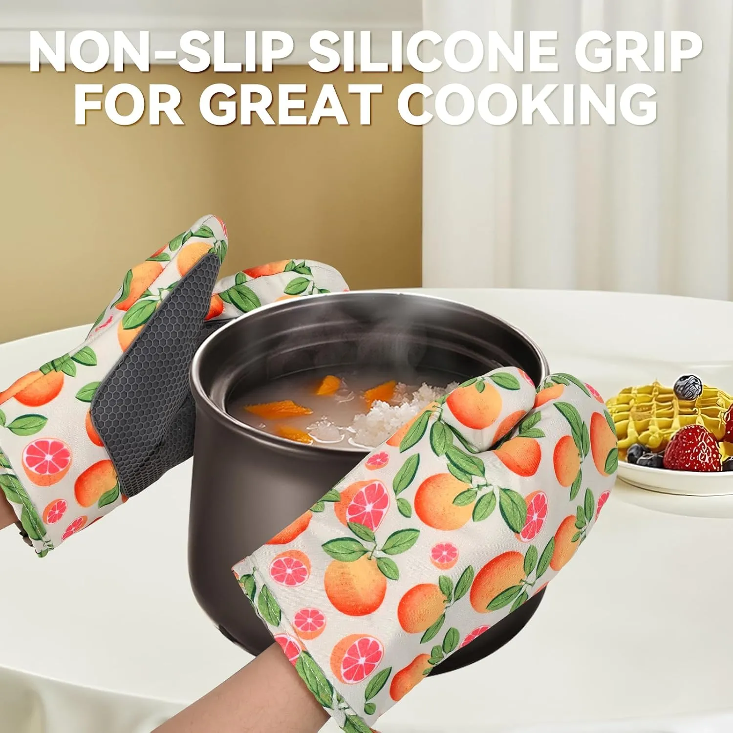 Oven Mitts Non-Slip Silicone Oven Mitts with Hanging Loop, Grapefruit Cute Heat Resistant Kitchen Mitts for Oven with Soft Quilted Liner for Cooking, 7 X11 in, 2 Piece