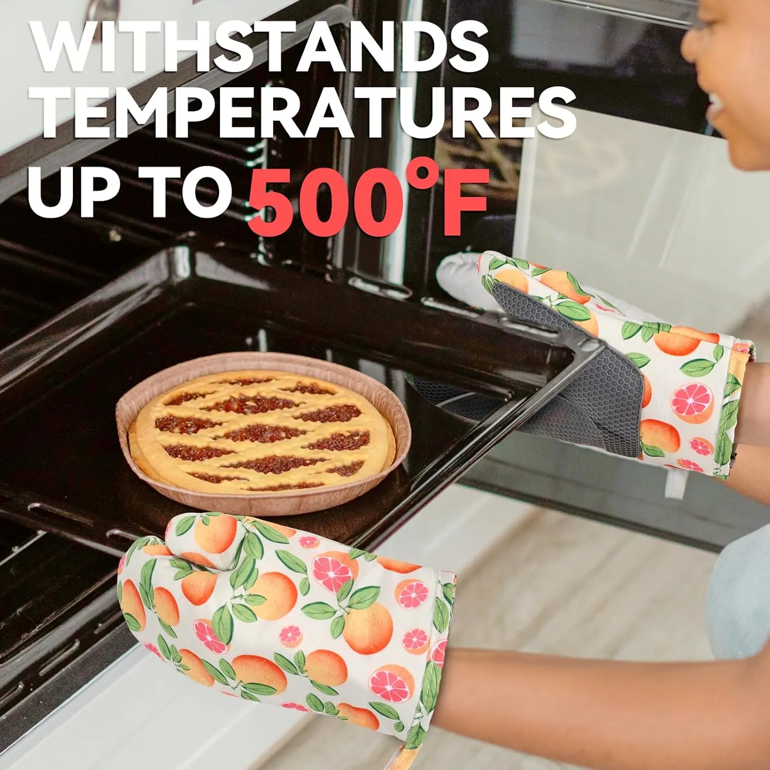 Oven Mitts Non-Slip Silicone Oven Mitts with Hanging Loop, Grapefruit Cute Heat Resistant Kitchen Mitts for Oven with Soft Quilted Liner for Cooking, 7 X11 in, 2 Piece