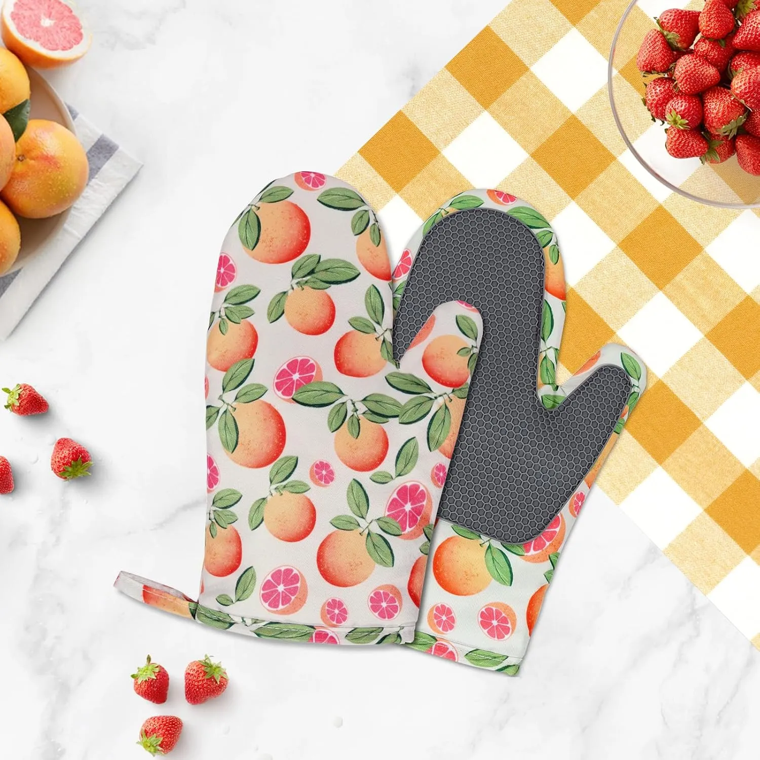 Oven Mitts Non-Slip Silicone Oven Mitts with Hanging Loop, Grapefruit Cute Heat Resistant Kitchen Mitts for Oven with Soft Quilted Liner for Cooking, 7 X11 in, 2 Piece