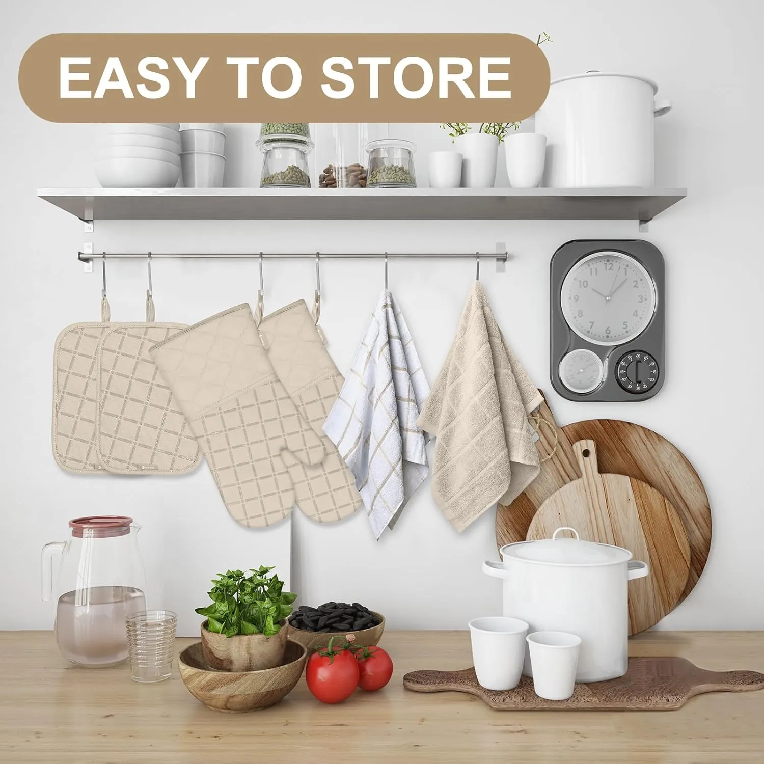 Oven Mitts Pot Holders Sets/Kitchen Towels and Dishcloths, Oven Gloves Kitchen Dish Towels 500 Degree Heat Resistant Potholders with Non-Slip Silicone Surface for Cooking, Grilling, Baking-Milkshake
