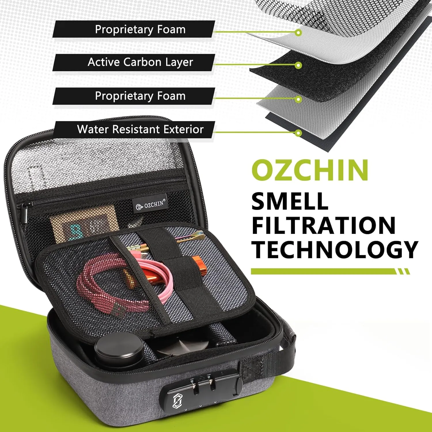 OZCHIN Smell Proof Portable Protection Hard EVA Bag With Combination Lock Bag Storage Case Container Travel Protective Carrying Storage Bag, Great Gifts For Men Or Women (Grey) 8.66" x 9.45" x 4.33"