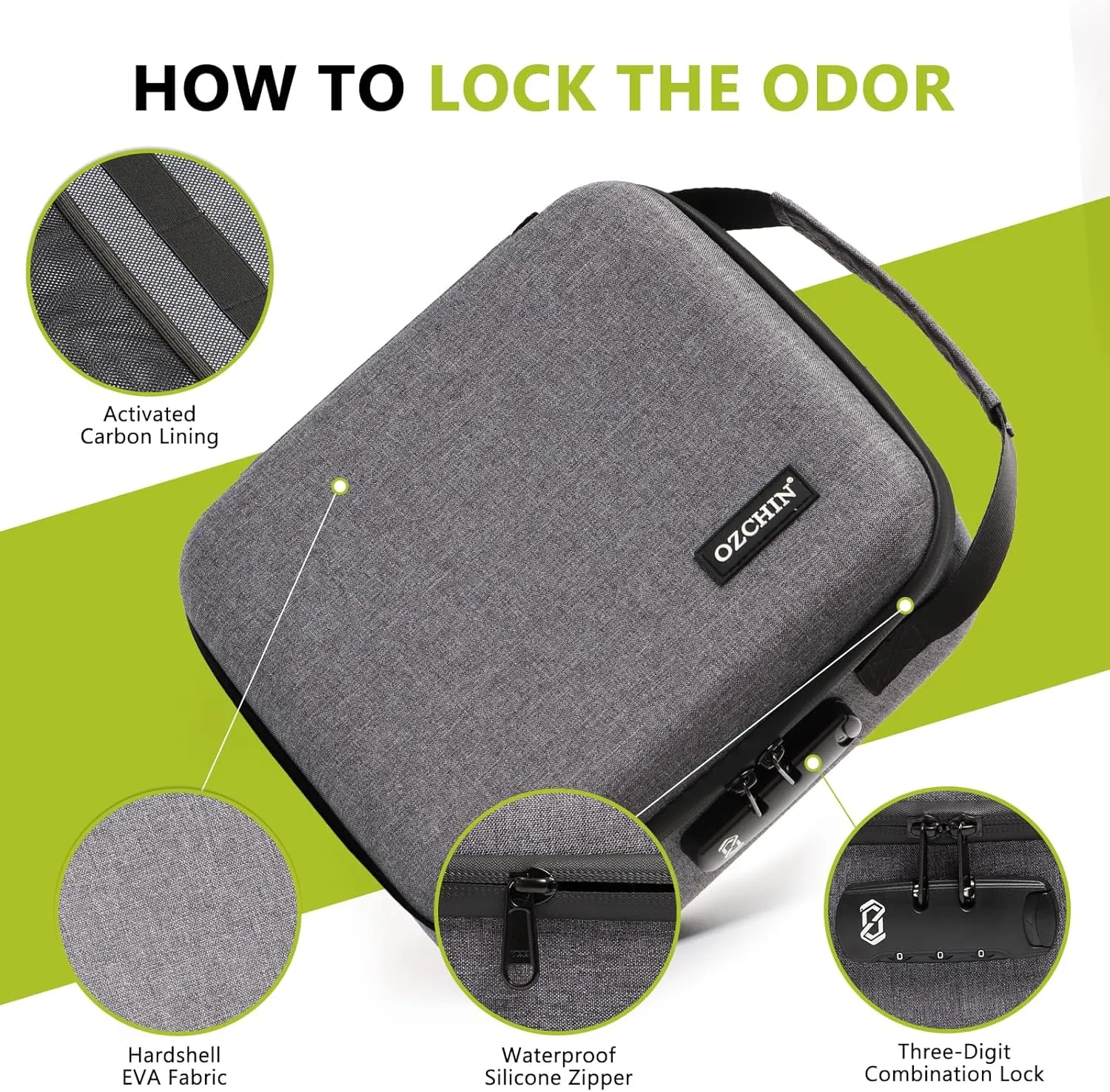 OZCHIN Smell Proof Portable Protection Hard EVA Bag With Combination Lock Bag Storage Case Container Travel Protective Carrying Storage Bag, Great Gifts For Men Or Women (Grey) 8.66" x 9.45" x 4.33"