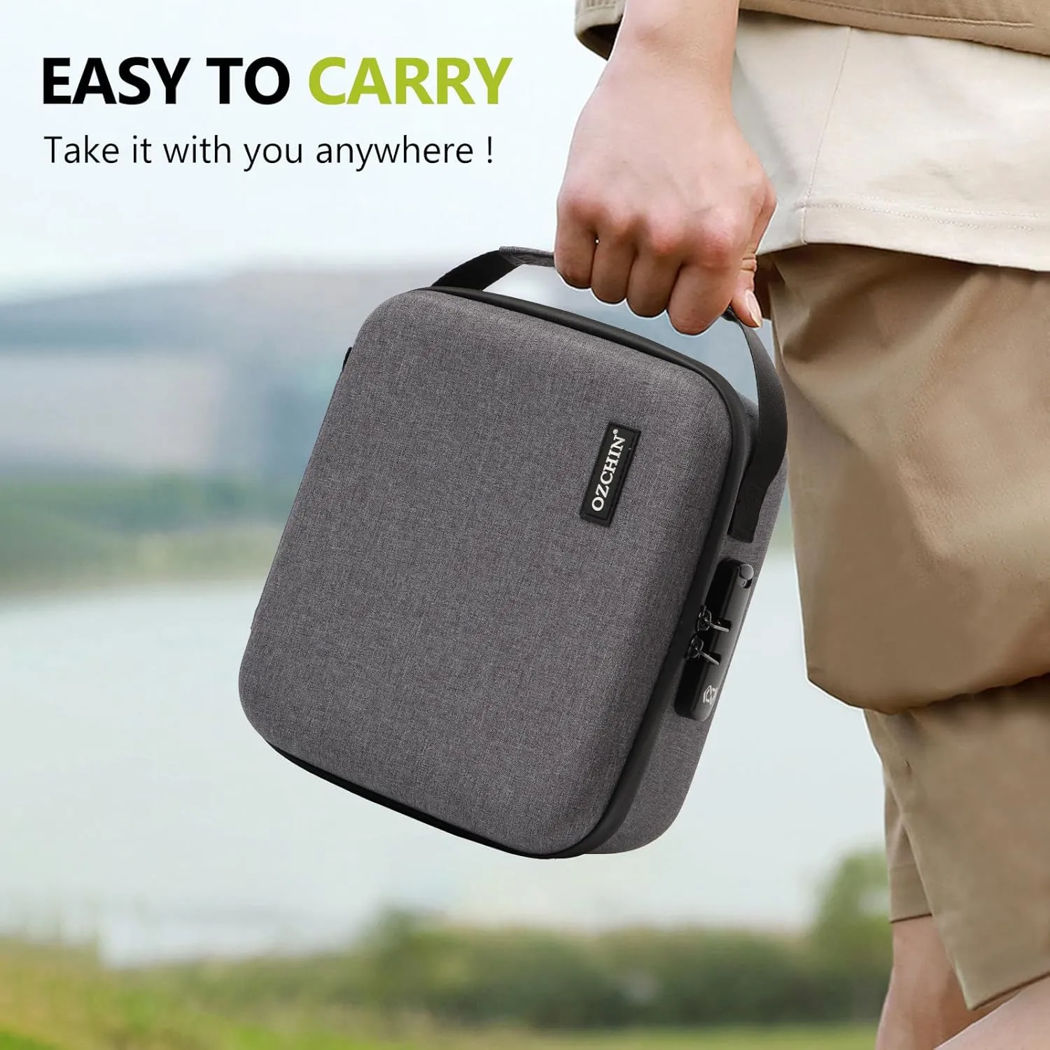 OZCHIN Smell Proof Portable Protection Hard EVA Bag With Combination Lock Bag Storage Case Container Travel Protective Carrying Storage Bag, Great Gifts For Men Or Women (Grey) 8.66" x 9.45" x 4.33"
