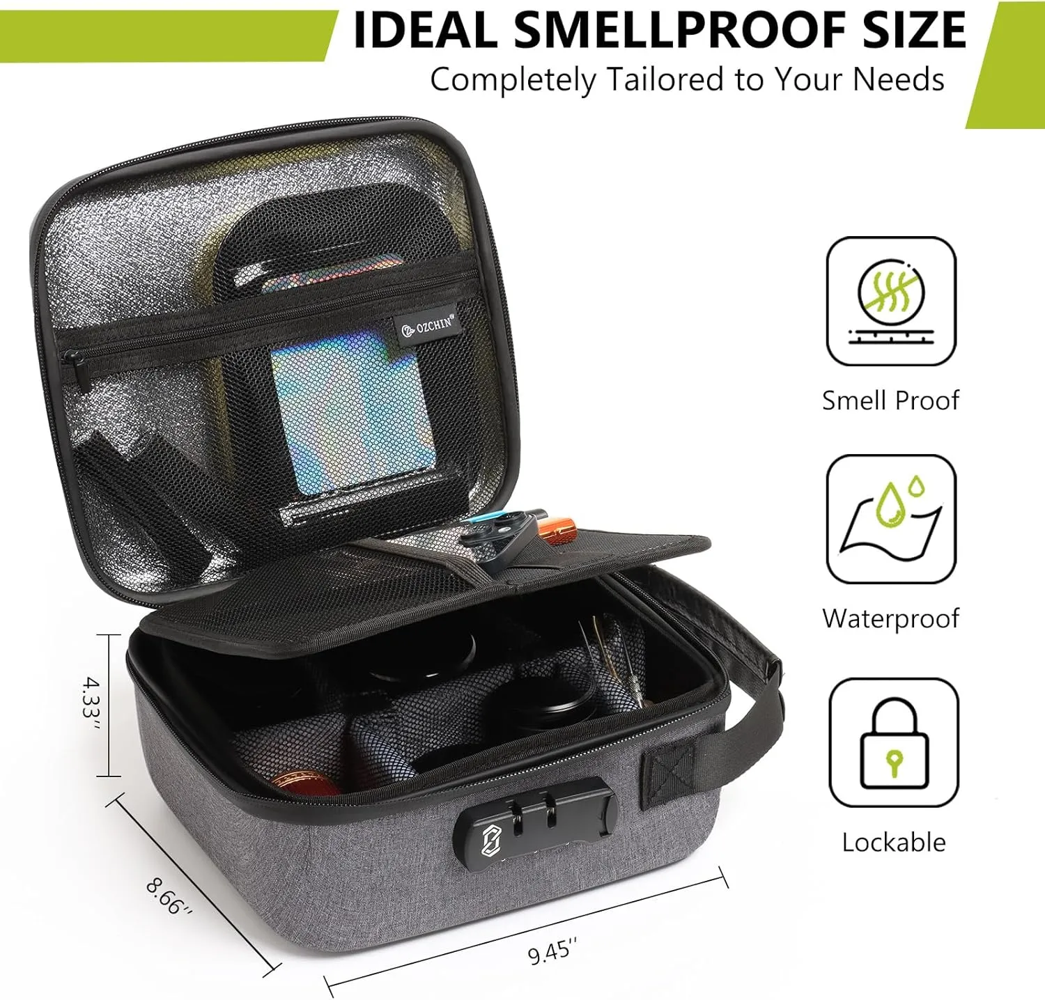 OZCHIN Smell Proof Portable Protection Hard EVA Bag With Combination Lock Bag Storage Case Container Travel Protective Carrying Storage Bag, Great Gifts For Men Or Women (Grey) 8.66" x 9.45" x 4.33"