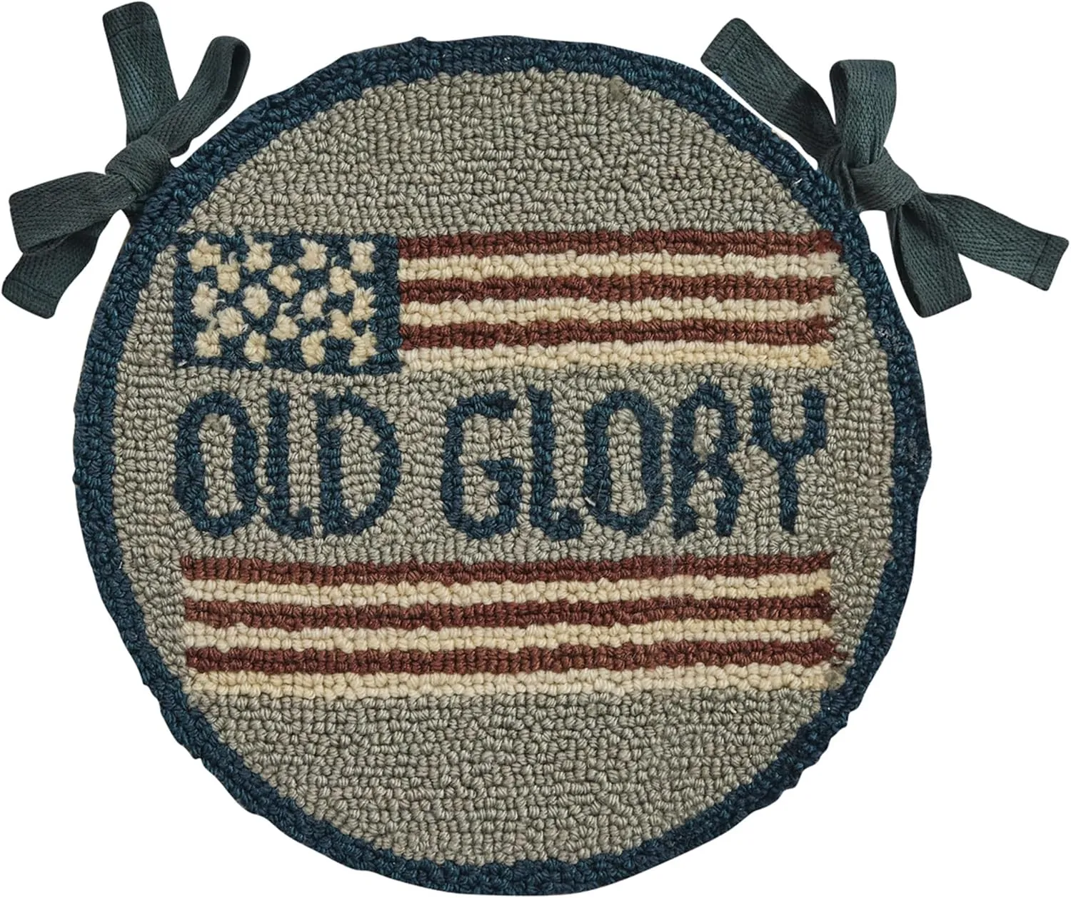 Park Designs Old Glory Hooked Chair Pad | 14.5" Round Chair Pad with Sewn Ties | Americana Folk Art by Teresa Kogut | Handcrafted with Poly Loop Yarn | Rustic Patriotic Chair Cushion