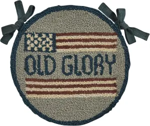 Park Designs Old Glory Hooked Chair Pad | 14.5" Round Chair Pad with Sewn Ties | Americana Folk Art by Teresa Kogut | Handcrafted with Poly Loop Yarn | Rustic Patriotic Chair Cushion
