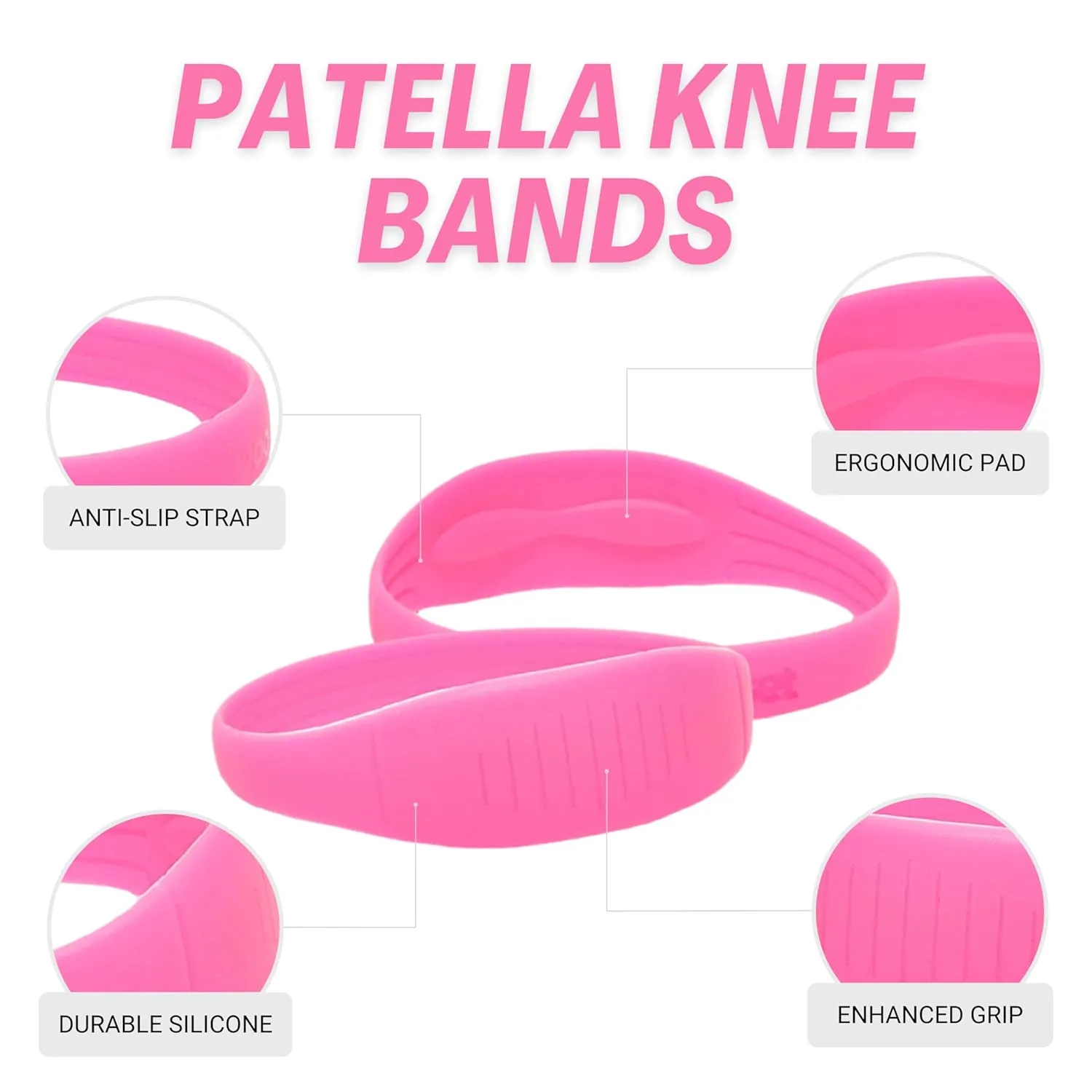 Patella Band - 2 Pack Patellar Tendon Support Strap - Non-Slip Silicone Knee Band for Sports, Running, Basketball, Jumper’s Knee, Tendonitis Knee Strap for Men Women Youth w/Travel Bag (Pink)