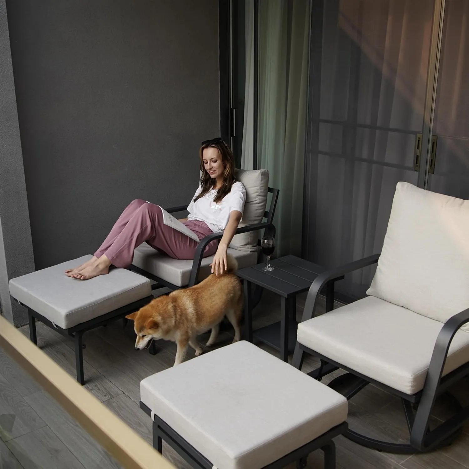 Patio Glider Swivel Rocker Sets: 5Pieces Aluminum Alloy Ensemble with 360° Swivel Rocking Glider Chairs, Rust-Resistant Frame Gray Cushions -Perfect for Decoration (2 Glider chairs& 2Ottomans 1Table)