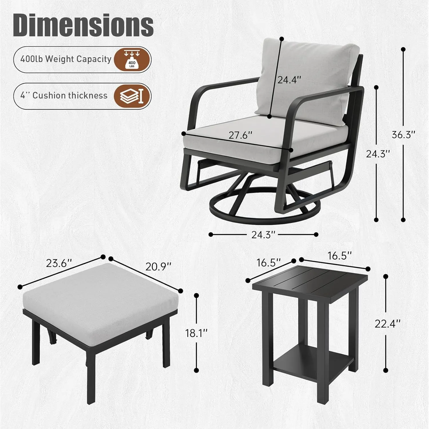 Patio Glider Swivel Rocker Sets: 5Pieces Aluminum Alloy Ensemble with 360° Swivel Rocking Glider Chairs, Rust-Resistant Frame Gray Cushions -Perfect for Decoration (2 Glider chairs& 2Ottomans 1Table)