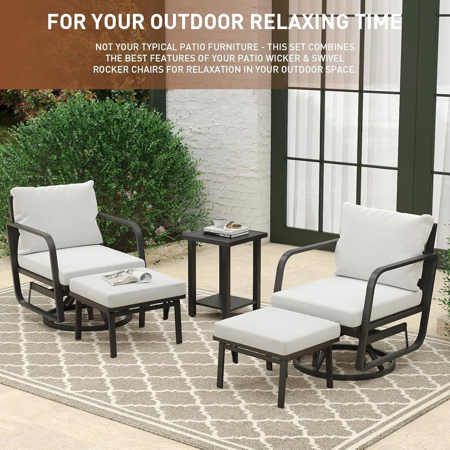 Patio Glider Swivel Rocker Sets: 5Pieces Aluminum Alloy Ensemble with 360° Swivel Rocking Glider Chairs, Rust-Resistant Frame Gray Cushions -Perfect for Decoration (2 Glider chairs& 2Ottomans 1Table)
