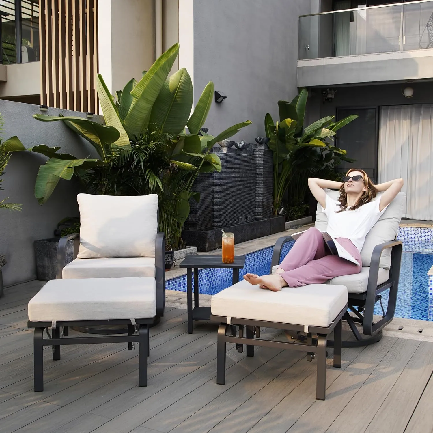 Patio Glider Swivel Rocker Sets: 5Pieces Aluminum Alloy Ensemble with 360° Swivel Rocking Glider Chairs, Rust-Resistant Frame Gray Cushions -Perfect for Decoration (2 Glider chairs& 2Ottomans 1Table)
