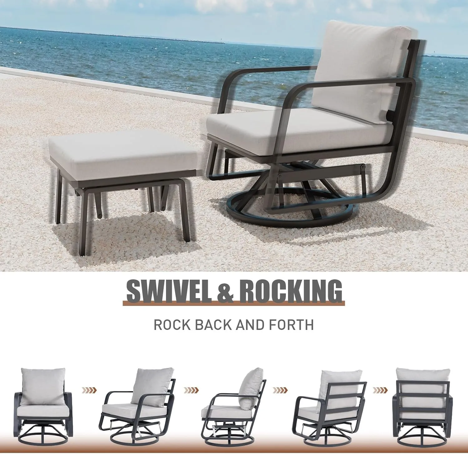 Patio Glider Swivel Rocker Sets: 5Pieces Aluminum Alloy Ensemble with 360° Swivel Rocking Glider Chairs, Rust-Resistant Frame Gray Cushions -Perfect for Decoration (2 Glider chairs& 2Ottomans 1Table)