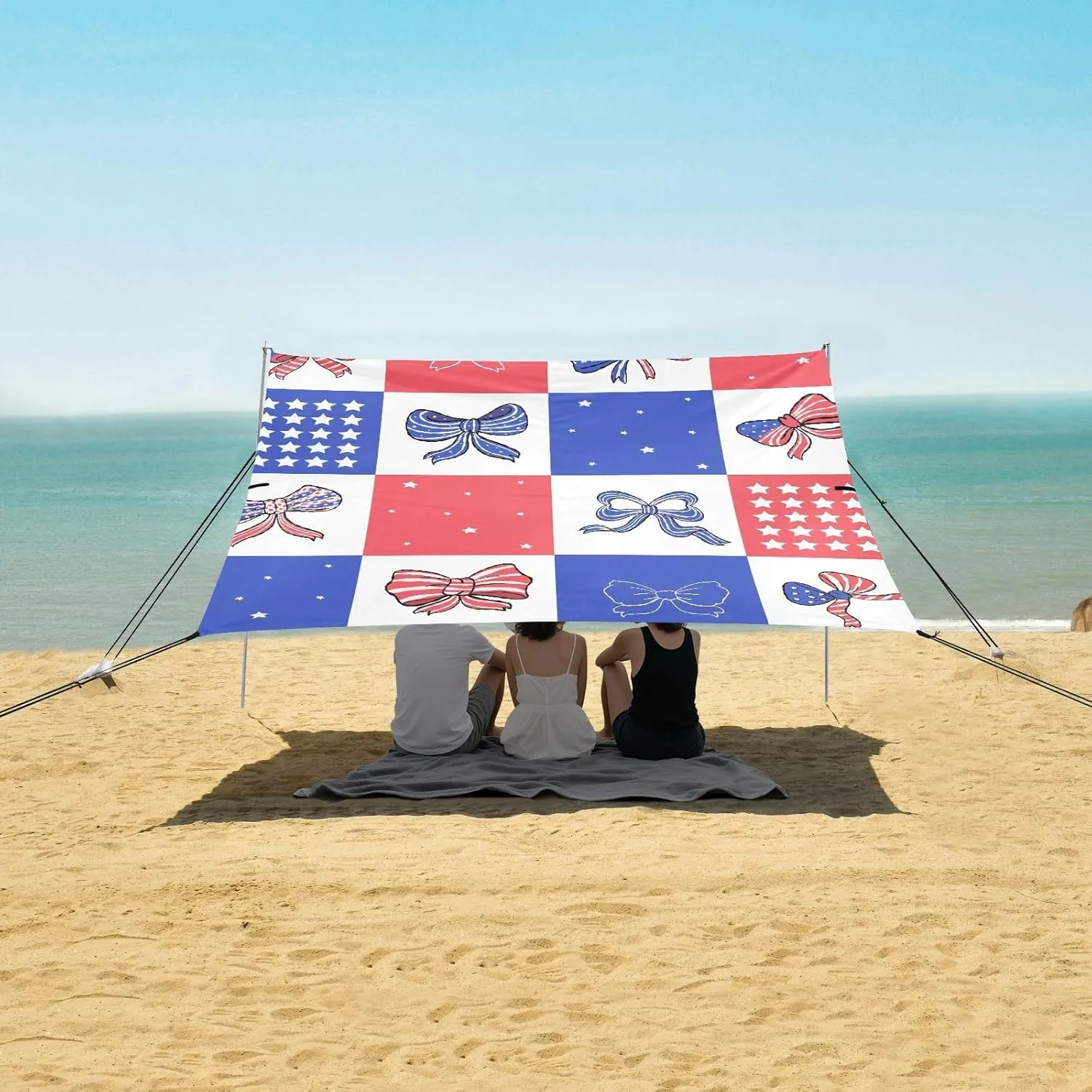 Patriotic 4th Of July Bow Beach Camping Tent Sun Shelter for Whole Family, Independence Day Beach Shade Canopy with UPF50  UV Protection,Easy Set Up and Carry,Outdoor Shade for Trips, Fishing, B
