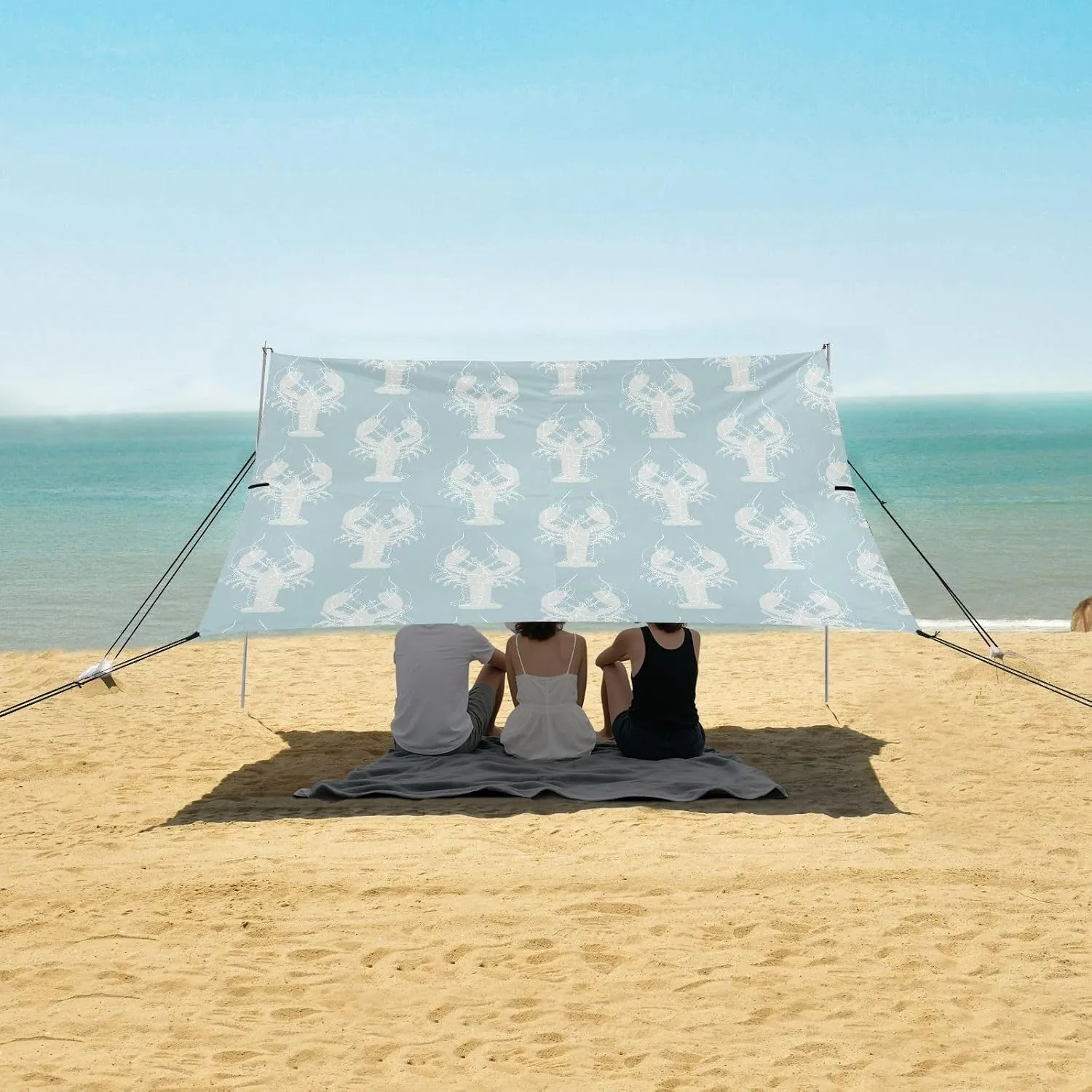 Pattern with Lobsters Beach Camping Tent Sun Shelter for Whole Family, Blue Beach Shade Canopy with UPF50  UV Protection,Easy Set Up and Carry,Outdoor Shade for Trips, Fishing, Backyard Fun Picn