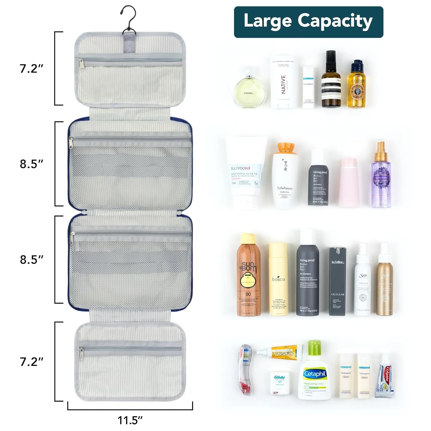 PAVILIA Hanging Toiletry Bag Travel Bag Women Men, Foldable Cosmetic Organizer, Roll up Makeup Bag, Water Resistant Accessories Toiletries, Large Travel Essentials Kit (Navy Polka Dot)