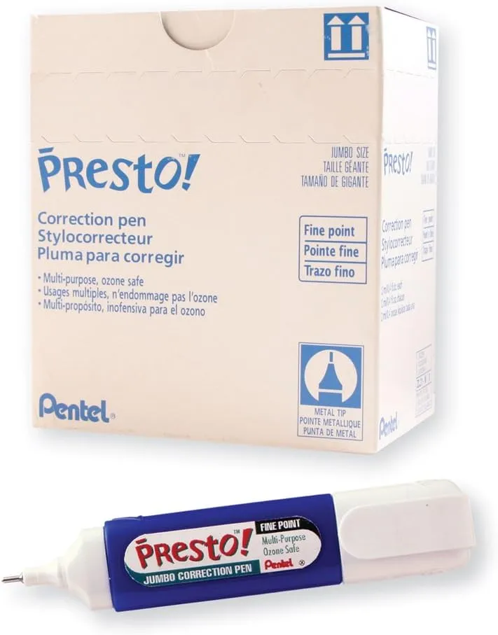 Pentel Presto! Jumbo Correction Pen, Fine Point, Metal Tip, Box of 12 (ZL31-W)