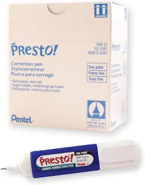 Pentel Presto! Jumbo Correction Pen, Fine Point, Metal Tip, Box of 12 (ZL31-W)