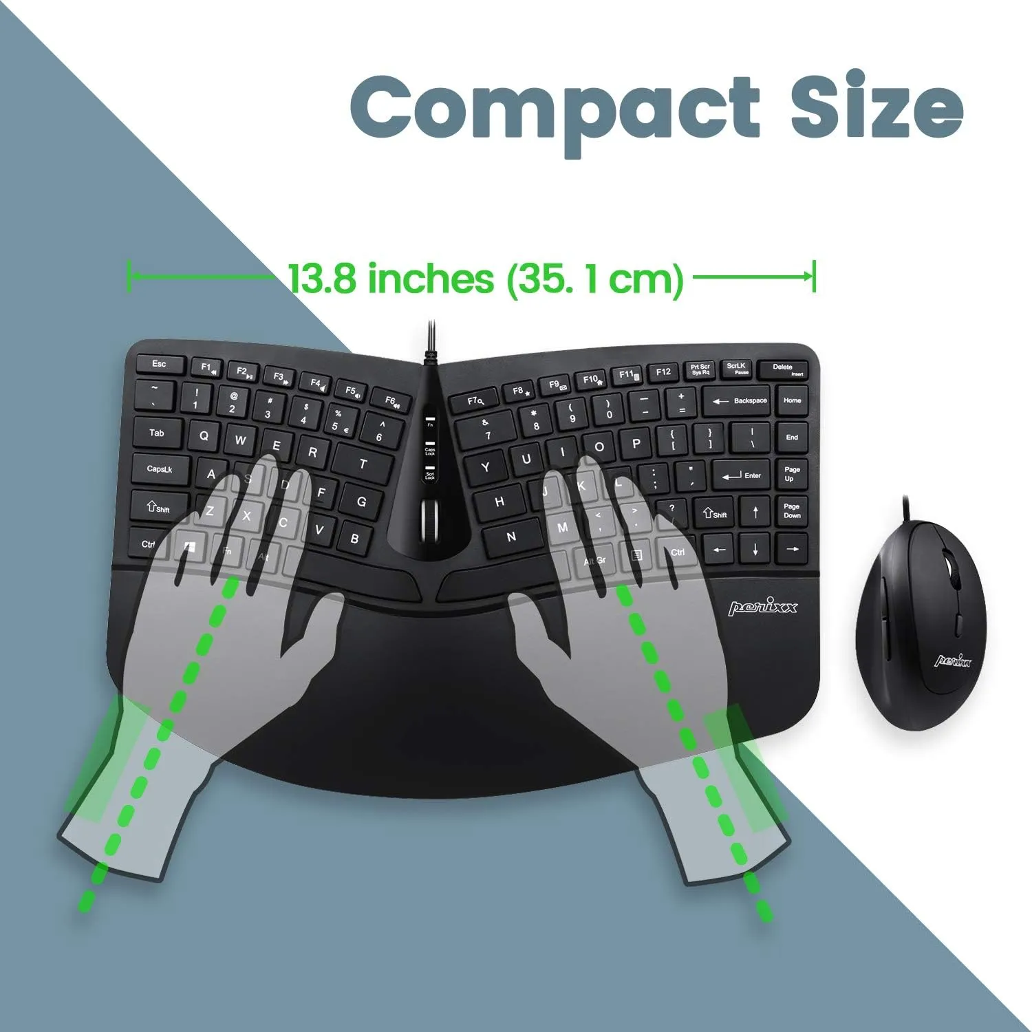 Perixx PERIDUO-406, Wired Compact Ergonomic Keyboard with Vertical Mouse - Tilt Wheel - Membrane Low Profile Keys - Numeric Keypad not Included