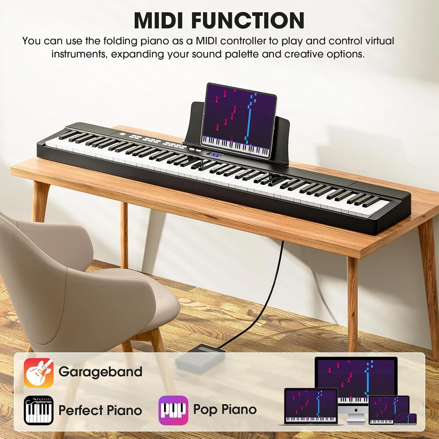 Piano Keyboard 88 Keys - Folding Semi Weighted Keyboards Electric Piano, Full Size Keyboard Portable Digital Piano with Sustain Pedal, Handbag, Bluetooth, USB MIDI for Beginner