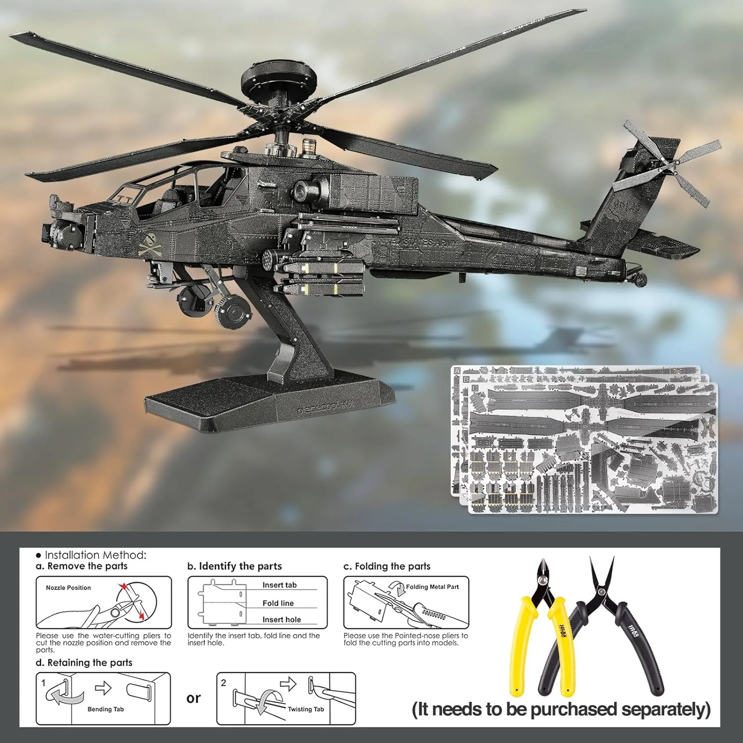 Piececool 3D Metal Model Kits, Military Helicopter Airplane Models Building Kits for Adults and Teens Men Hobbies DIY Brain Teaser Puzzles, Great Birthday Gifts, 145 Pcs