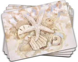 Pimpernel Beach Prize Placemats, Set of 4 - Cork-Backed Table Mats with Coastal Seashell Artwork for Dining Table Protection & Nautical Kitchen or Patio Décor, Heat & Stain Resistant