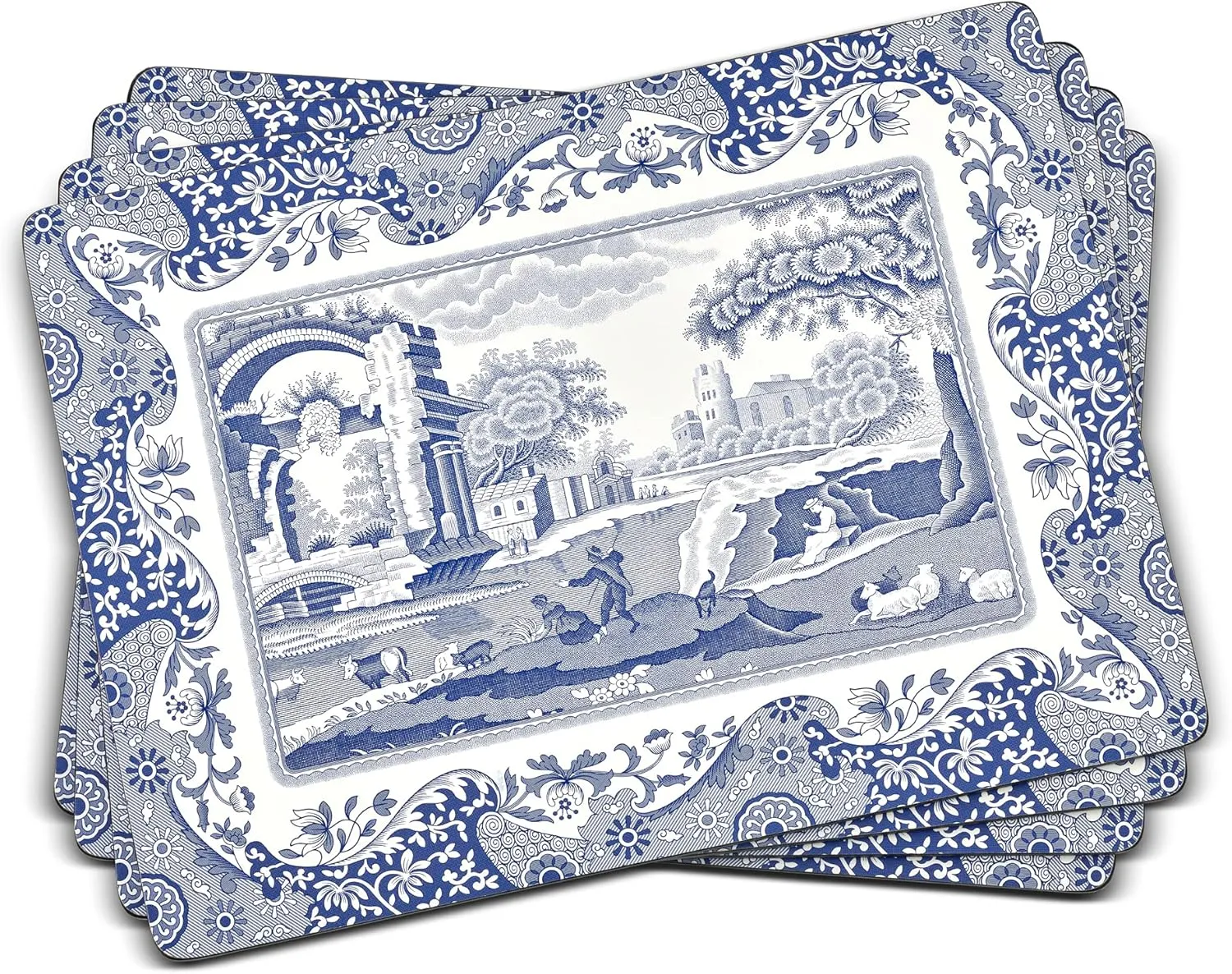 Pimpernel Blue Italian Collection Placemats | Set of 4 | Heat Resistant Mats | Cork-Backed Board | Hard Placemat Set for Dining Table | Measures 15.7” x 11.7”