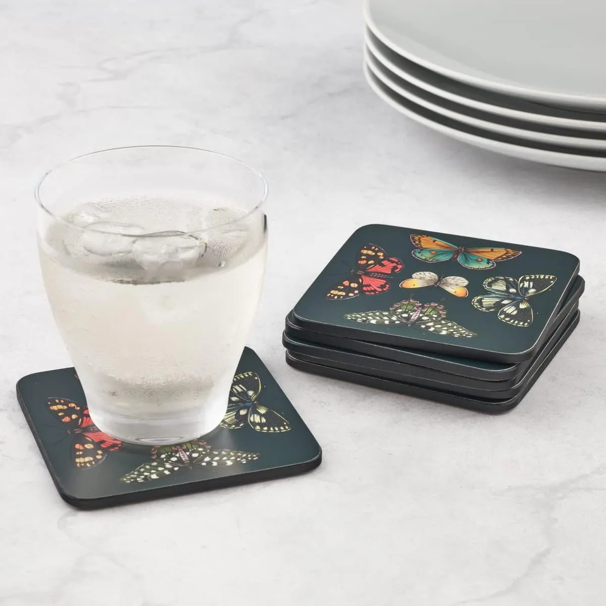 Pimpernel Botanic Garden Harmony Coasters, Set of 6 (4"x4") - Absorbent Cork-Backed Drink Coasters, Heat & Stain Resistant, Durable Table Protection with Elegant Butterfly Motif