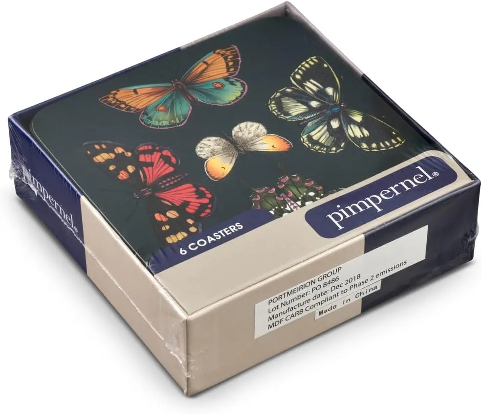 Pimpernel Botanic Garden Harmony Coasters, Set of 6 (4"x4") - Absorbent Cork-Backed Drink Coasters, Heat & Stain Resistant, Durable Table Protection with Elegant Butterfly Motif