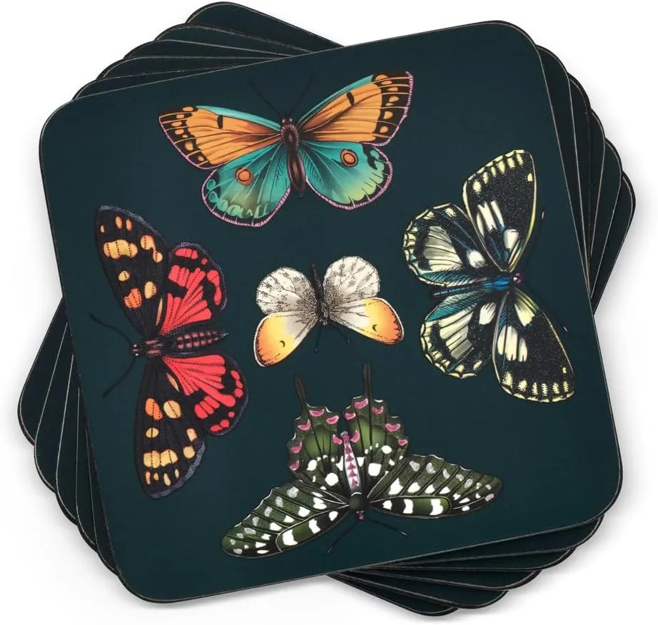 Pimpernel Botanic Garden Harmony Coasters, Set of 6 (4"x4") - Absorbent Cork-Backed Drink Coasters, Heat & Stain Resistant, Durable Table Protection with Elegant Butterfly Motif