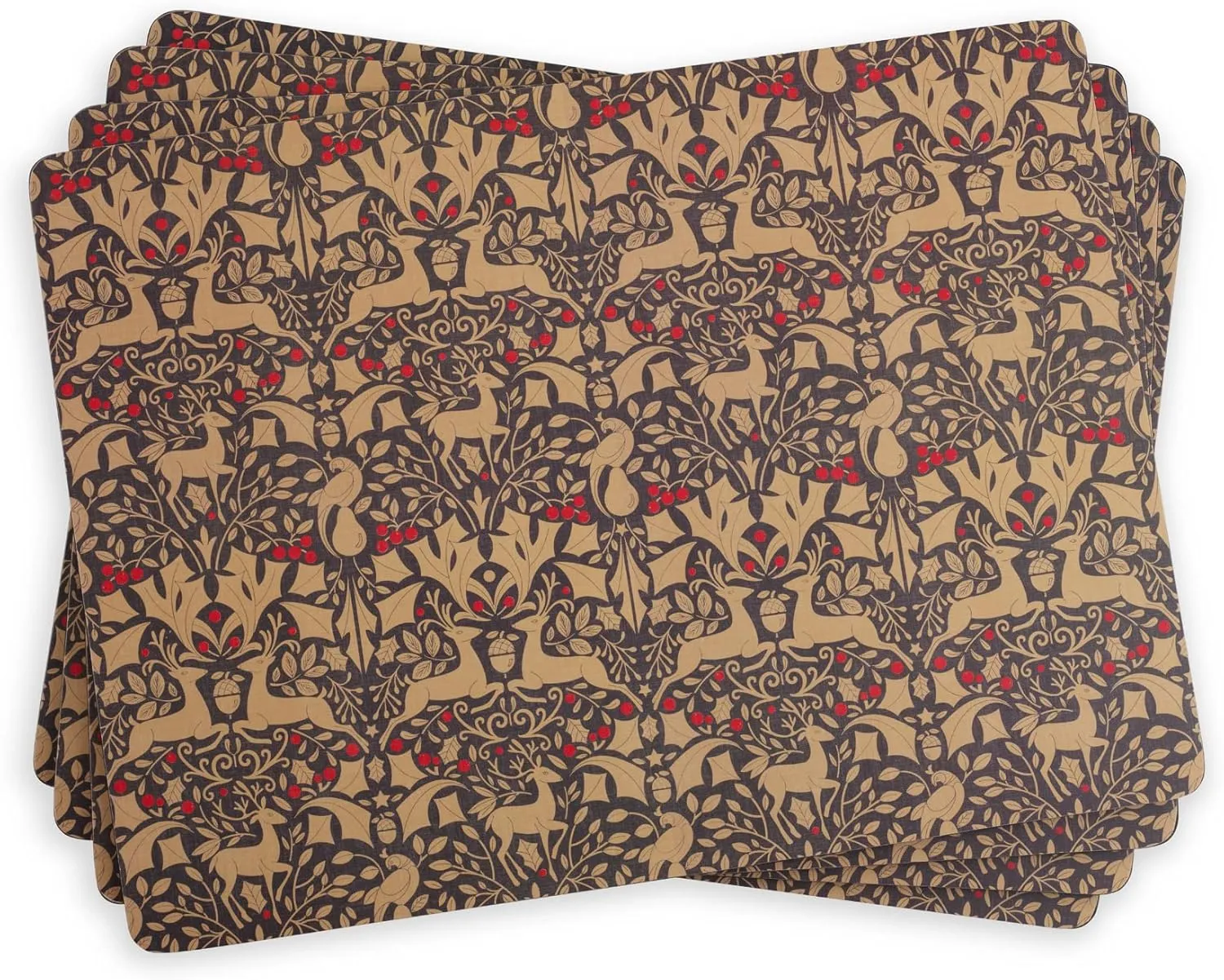Pimpernel Christmas Cork Placemats (Set of 4) - Cork-Backed Placemats for Dining Table, Heat-Resistant Hard Board - Reindeer & Holly (15.7" x 11.7") - Durable & Stylish Table Mats (Taupe)
