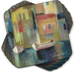 Pimpernel Evening Port Coasters - Set of 6 Cork-Backed Drink Coasters with Harbor Sunset Scene for Dining Tables, Coffee Tables, & Entertaining Indoors or Outdoors - Heat & Stain Resistant