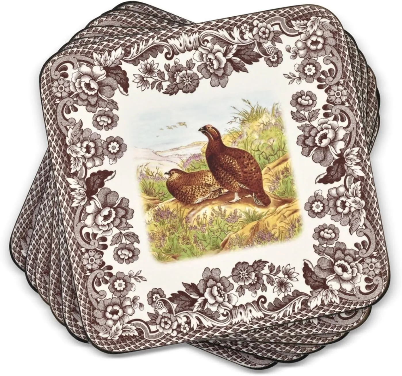 Pimpernel Spode Woodland Coasters (Set of 6) - Cork Backed Tabletop Protection, Heat & Stain Resistant - 4” x 4”, Durable, Decorative Tableware with Assorted Bird Motifs for Thanksgiving/Cabin