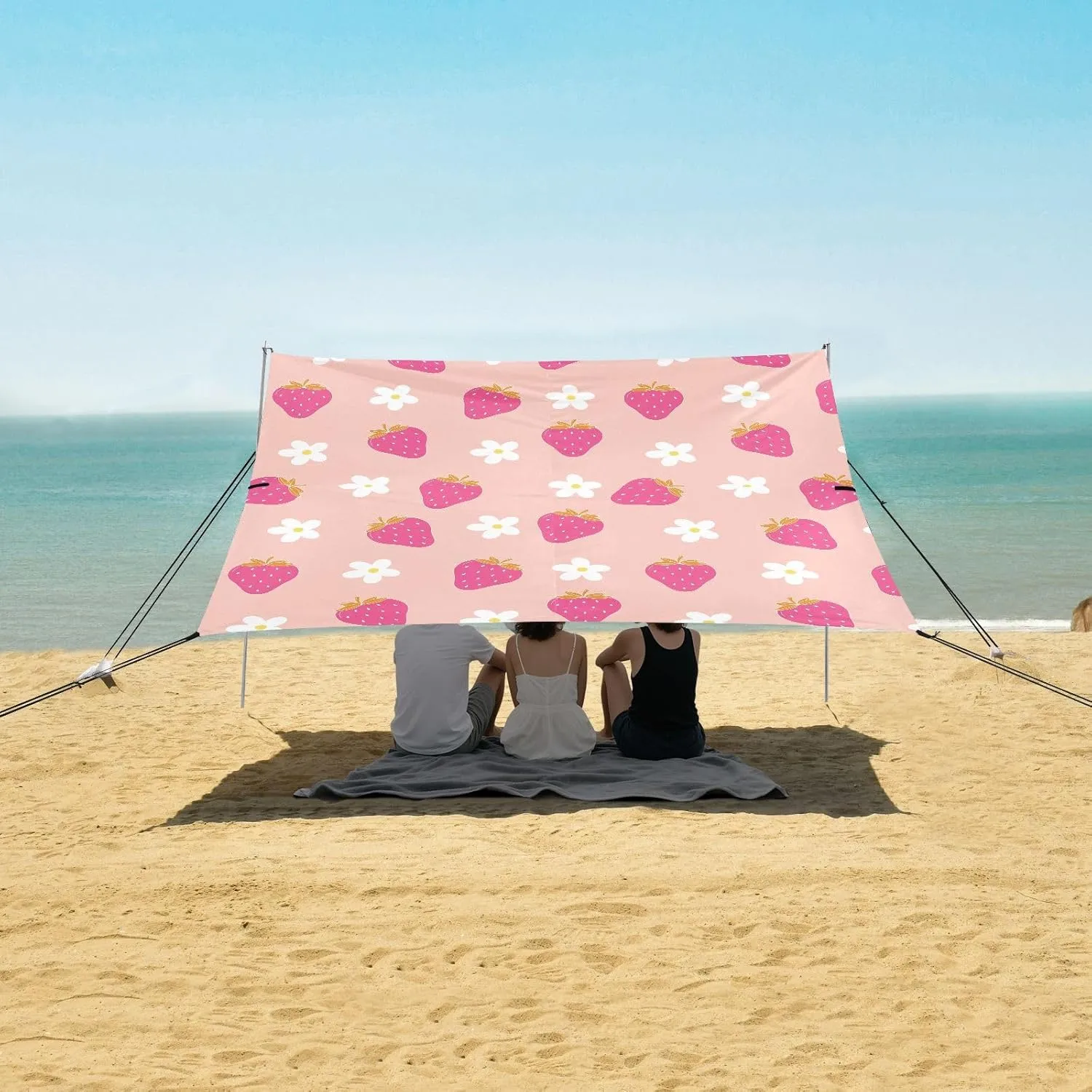 Pink Strawberry Flowers Beach Camping Tent Sun Shelter for Whole Family, Summer Fruits Beach Shade Canopy with UPF50  UV Protection,Easy Set Up and Carry,Outdoor Shade for Trips, Fishing, Backya