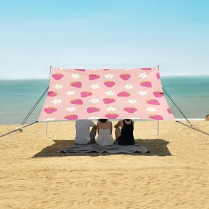 Pink Strawberry Flowers Beach Camping Tent Sun Shelter for Whole Family, Summer Fruits Beach Shade Canopy with UPF50  UV Protection,Easy Set Up and Carry,Outdoor Shade for Trips, Fishing, Backya