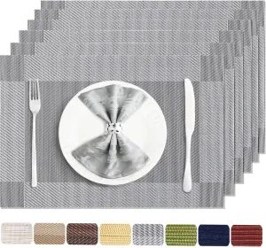 Placemats Set of 6 Washable&Wipeable Silver Placemats for Dining Table Kitchen Indoor Outdoor Table Mats Heat Resistant Non Slip Woven Vinyl Table Placemats (Grey，6PCS)