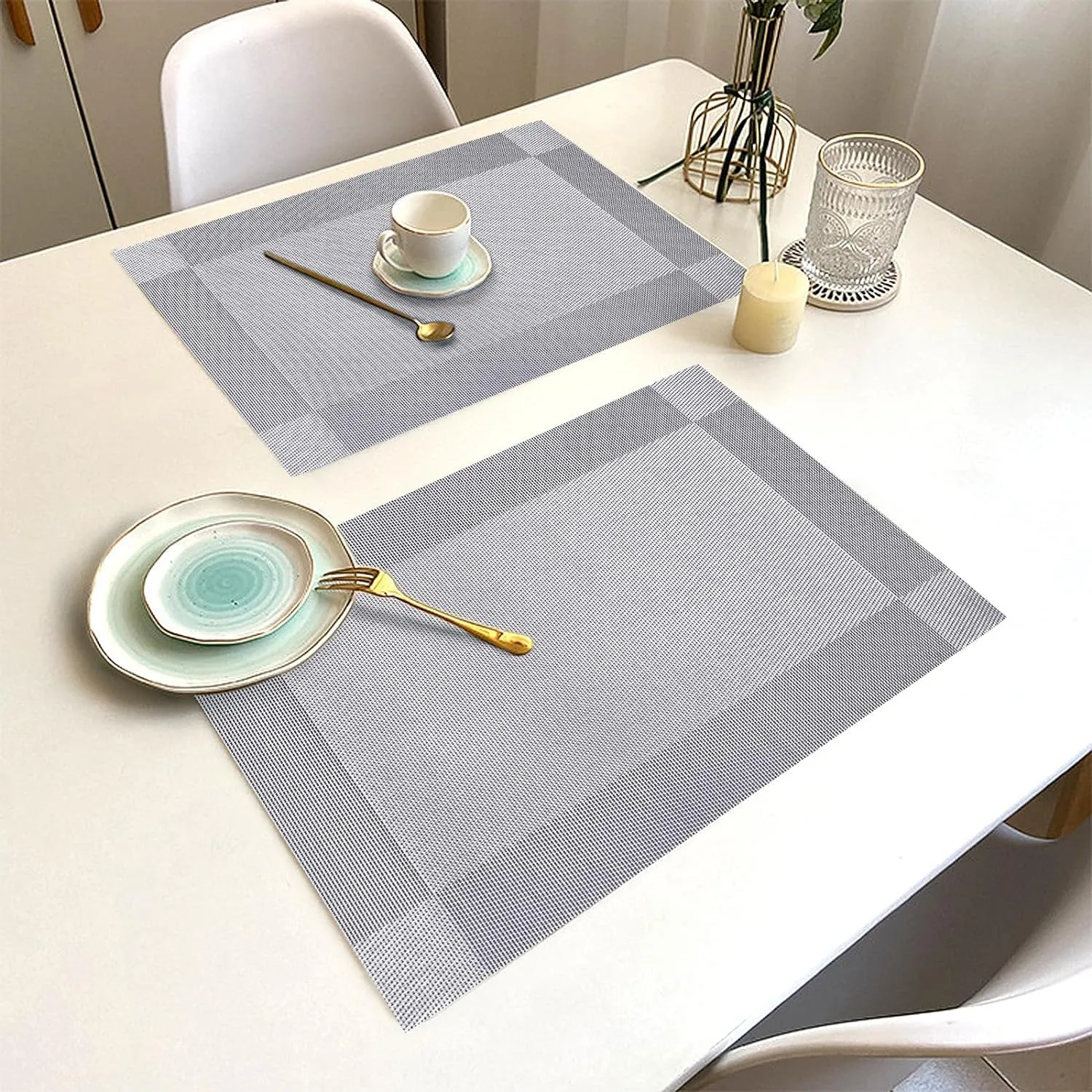 Placemats Set of 6 Washable&Wipeable Silver Placemats for Dining Table Kitchen Indoor Outdoor Table Mats Heat Resistant Non Slip Woven Vinyl Table Placemats (Grey，6PCS)