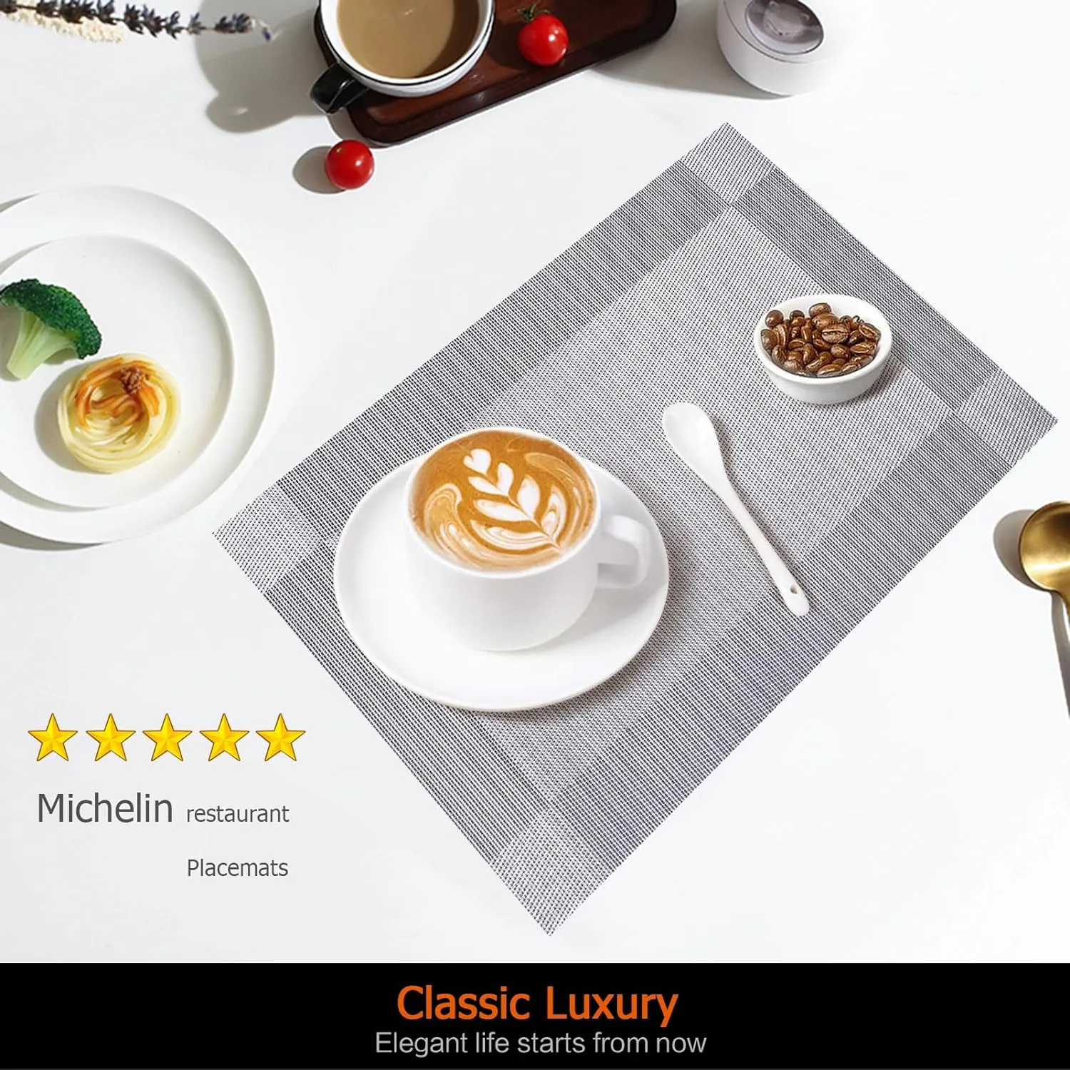 Placemats Set of 6 Washable&Wipeable Silver Placemats for Dining Table Kitchen Indoor Outdoor Table Mats Heat Resistant Non Slip Woven Vinyl Table Placemats (Grey，6PCS)