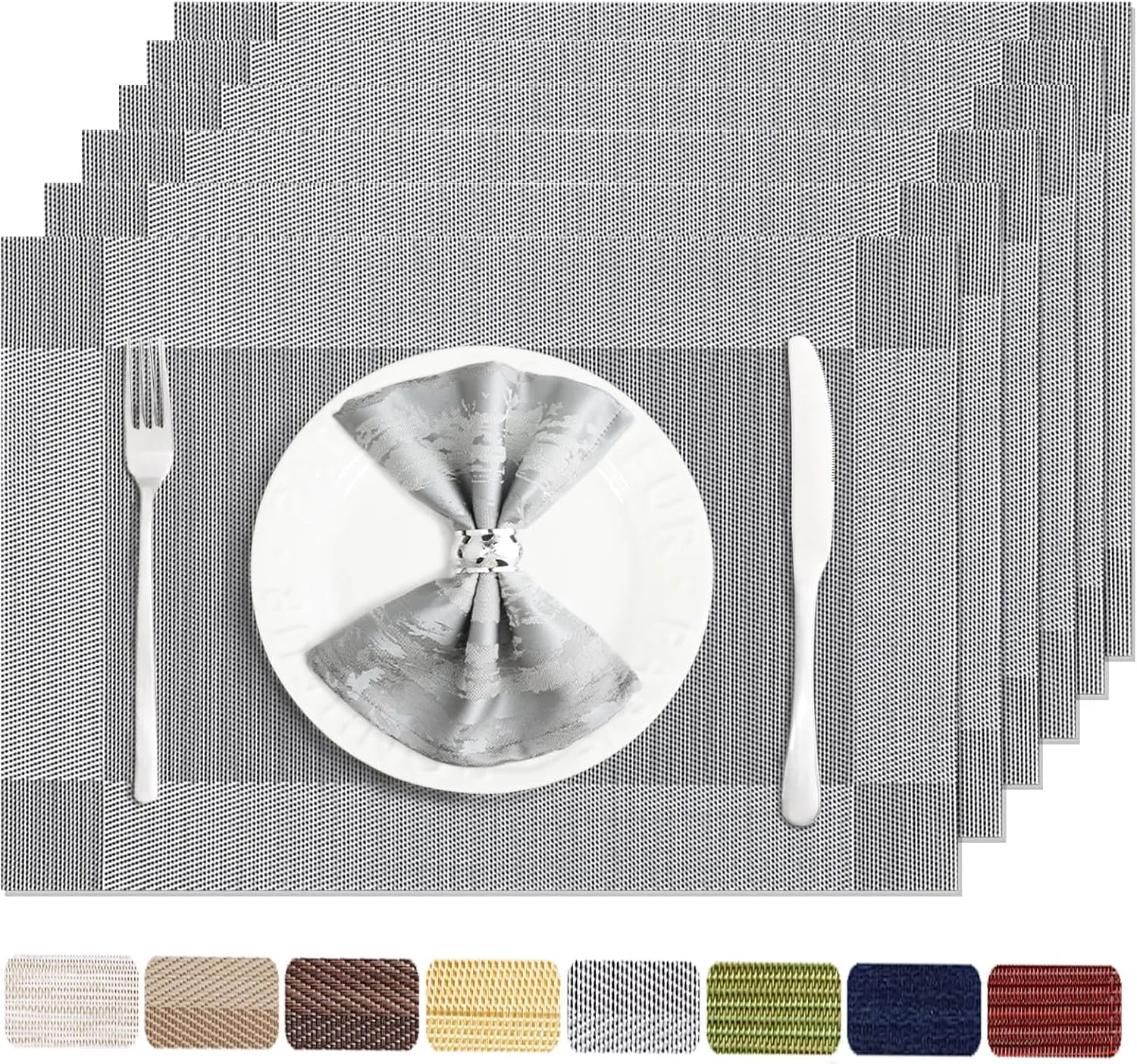 Placemats Set of 6 Washable&Wipeable Silver Placemats for Dining Table Kitchen Indoor Outdoor Table Mats Heat Resistant Non Slip Woven Vinyl Table Placemats (Grey，6PCS)