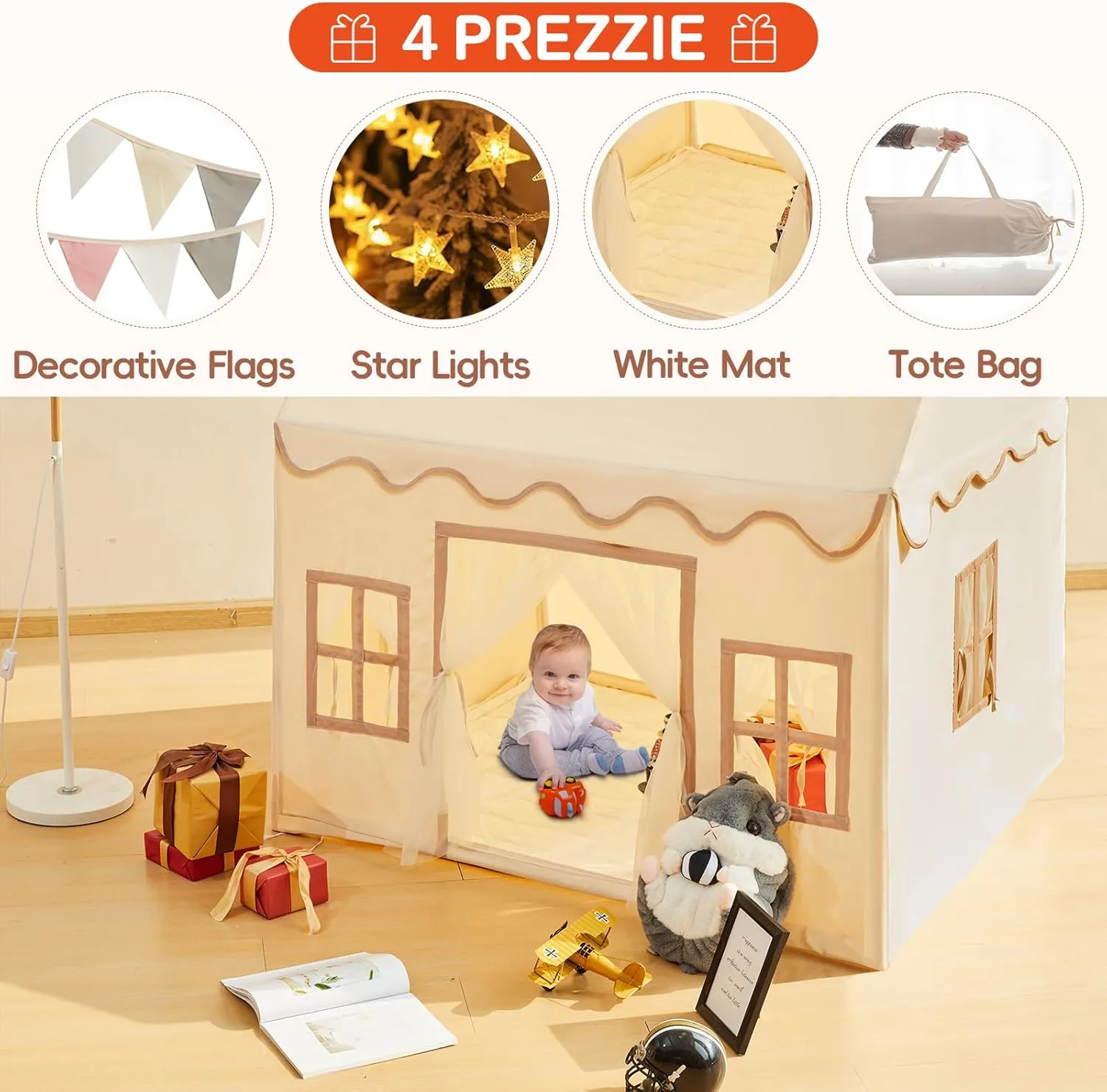 Playhouse Play Tent for Kids-Portable with Padded Mat, Star Lights, Carry Bag, Play Tent Indoor & Outdoor, Washable Kids Play House for Toddler