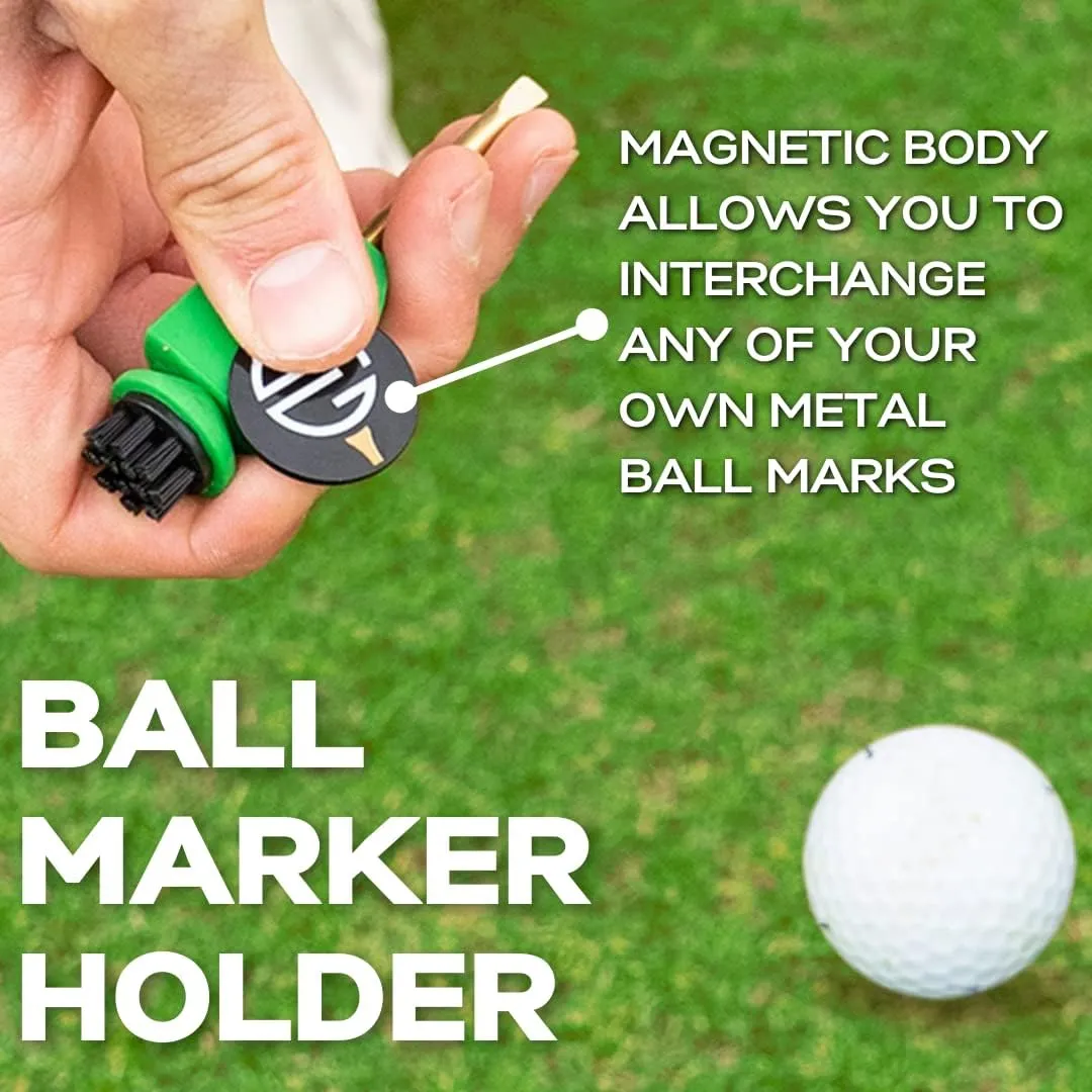 Pocket Caddie | The Ultimate 4-in-1 Golf Tool | with Scrub Brush, Brass Tip Groove Cleaner, Divot Repair & Ball Marker | Fits Easily in Your Pocket | Holds Any Ball Marker