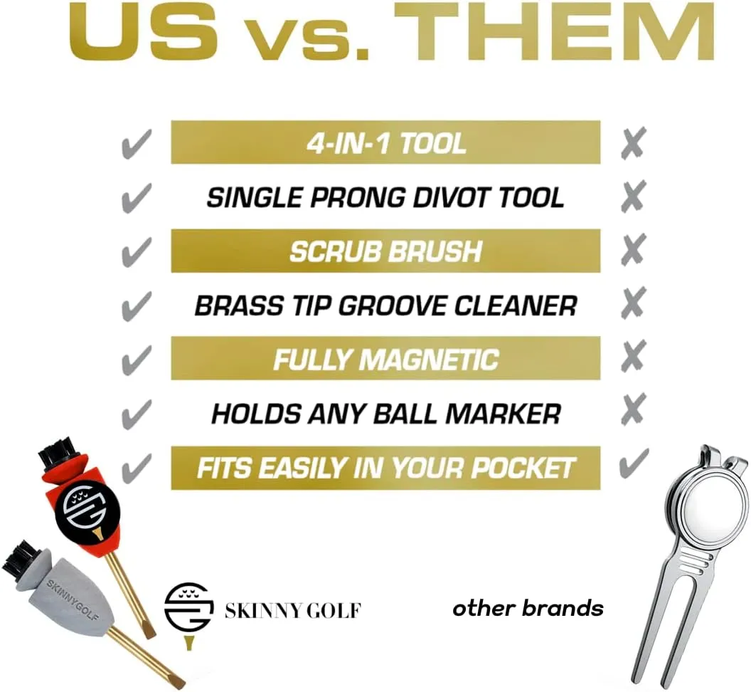 Pocket Caddie | The Ultimate 4-in-1 Golf Tool | with Scrub Brush, Brass Tip Groove Cleaner, Divot Repair & Ball Marker | Fits Easily in Your Pocket | Holds Any Ball Marker