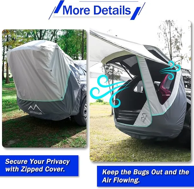 Poles Included SUV Tailgate Tent with Three Sides Awning Shade & Transmittance Mosquito Net, Hatchback Camping Sunproof Car Tent, Universal SUV Windproof Car Camping Gear Tent Outdoor Travel.