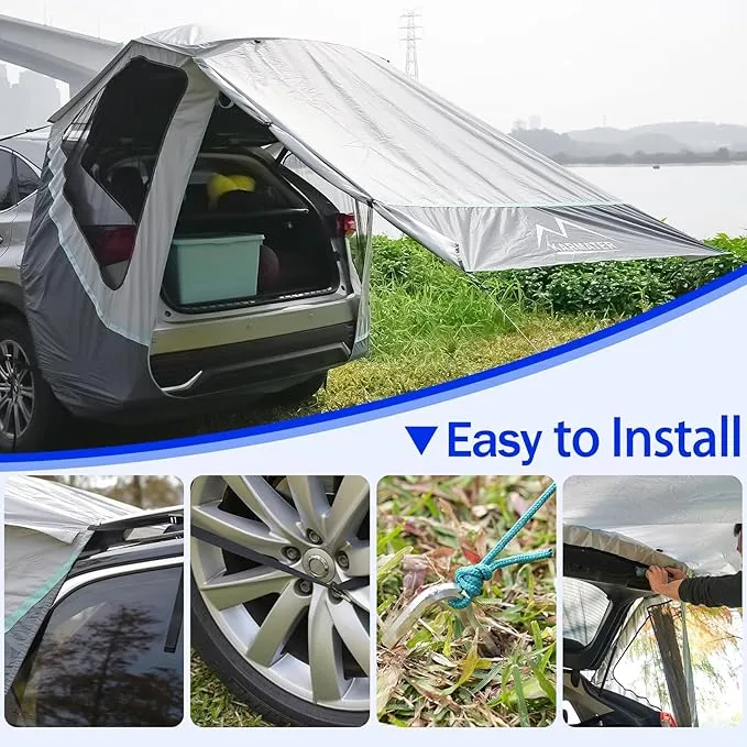 Poles Included SUV Tailgate Tent with Three Sides Awning Shade & Transmittance Mosquito Net, Hatchback Camping Sunproof Car Tent, Universal SUV Windproof Car Camping Gear Tent Outdoor Travel.